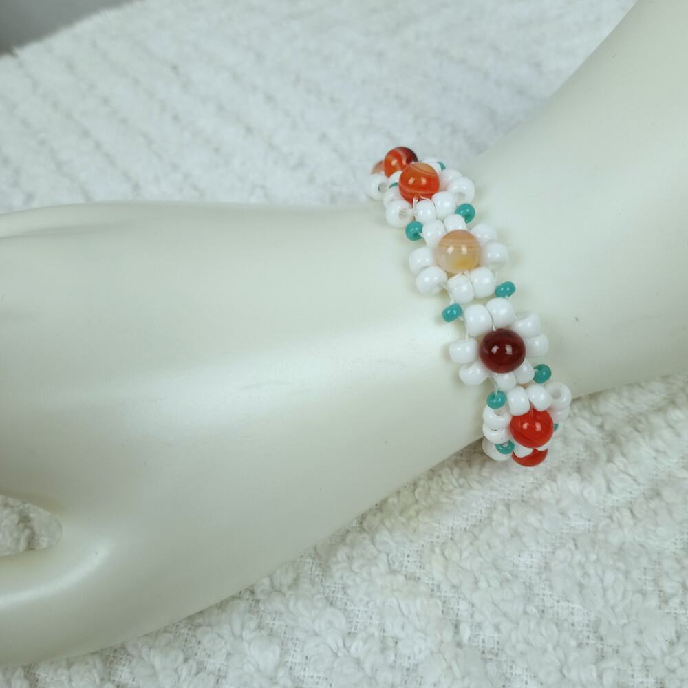 HANDMADE Orange Banded Agate Daisy Chain Bracelet 6 1/2'' ArtToWear Cottage